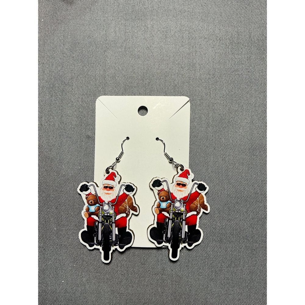 Motorcycle Santa Acrylic Christmas Earrings
